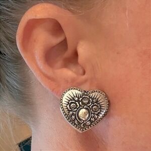 Vintage Style Silver Tone Heart Floral Embossed Statement Stud Earrings